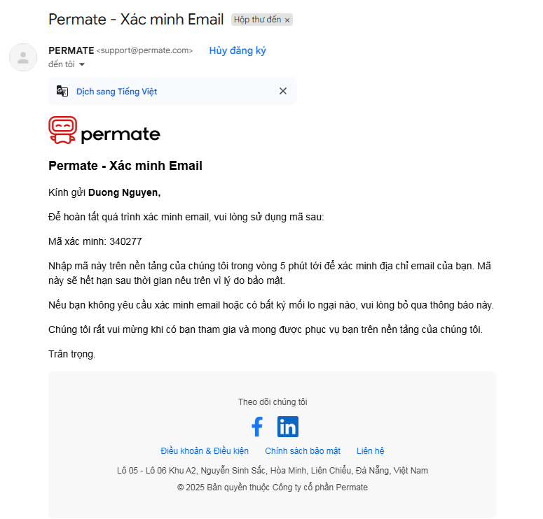 ma xac minh permate